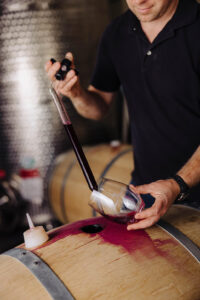 Winemaker testing wine from barrel