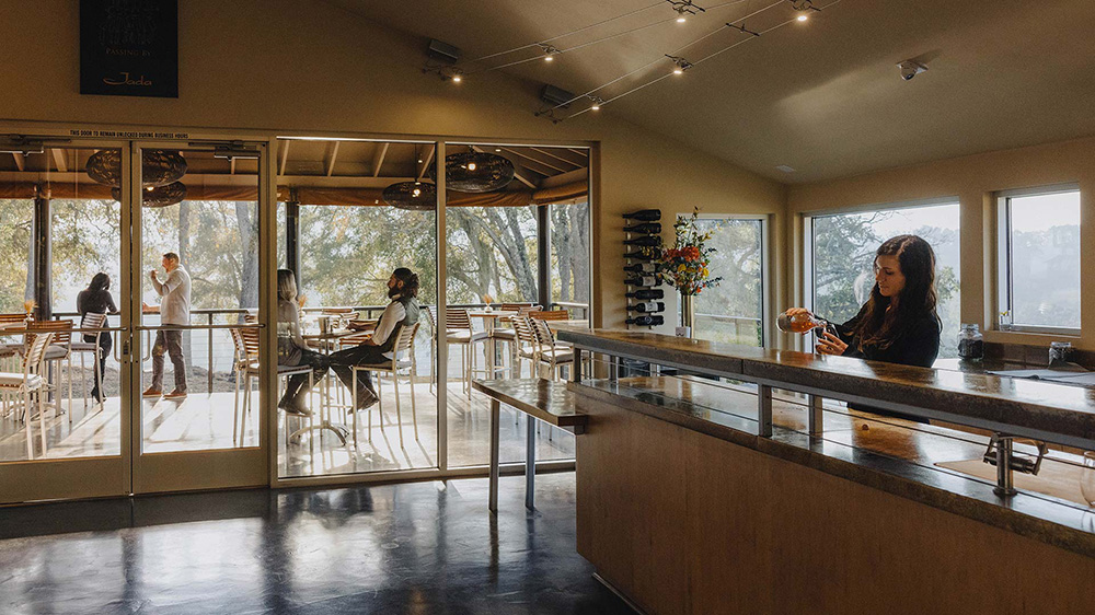 View of deck from inside Jada Vineyard Tree House