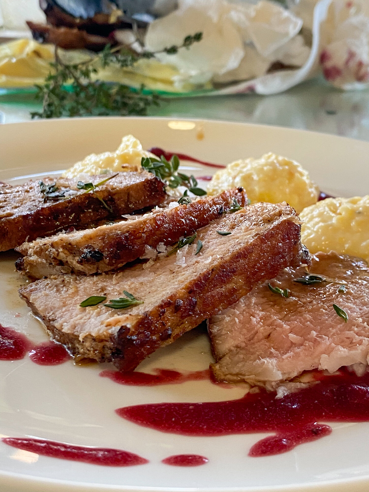 Double-Boned Pork Chop with Garlic Plum-Syrah Sauce