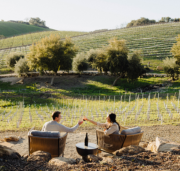 Couple toasting in a private alcove in the Grove